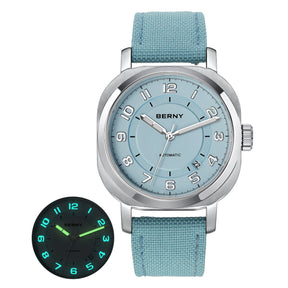 BERNY Women's Automatic Cushion Watch – Sapphire Luminous Canvas Strap Calendar