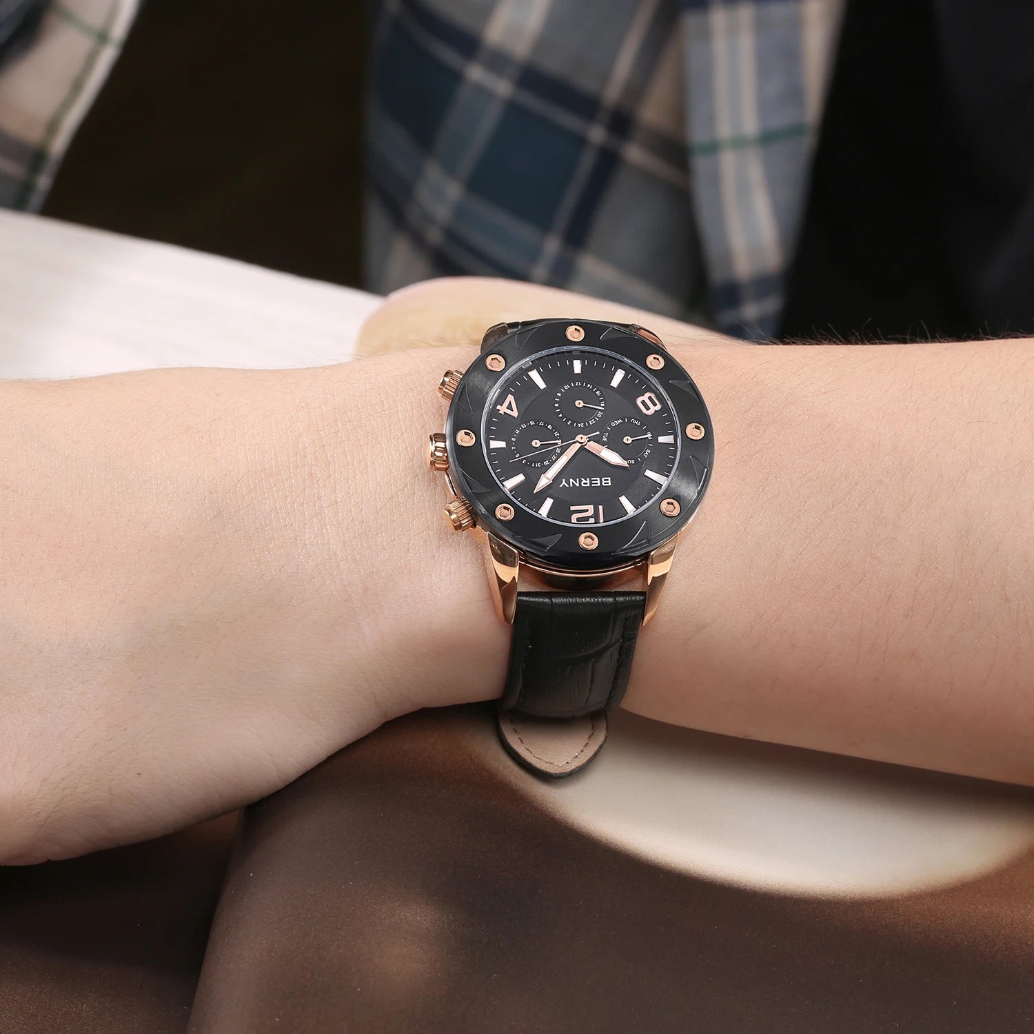 BERNY Men's Quartz Watch – Multifunction Dial Business Leather Strap Luminous Waterproof