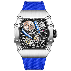 HANBORO Men’s Automatic Watch – 40.5mm Tonneau Skeleton Dial Mechanical Waterproof Wristwatch