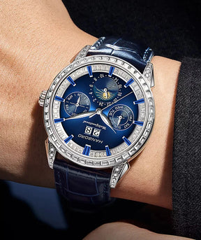 Hanboro 41.5mm Mechanical Watch: Automatic Multi-Dial with Day, Month, Date & Crystal Bezel