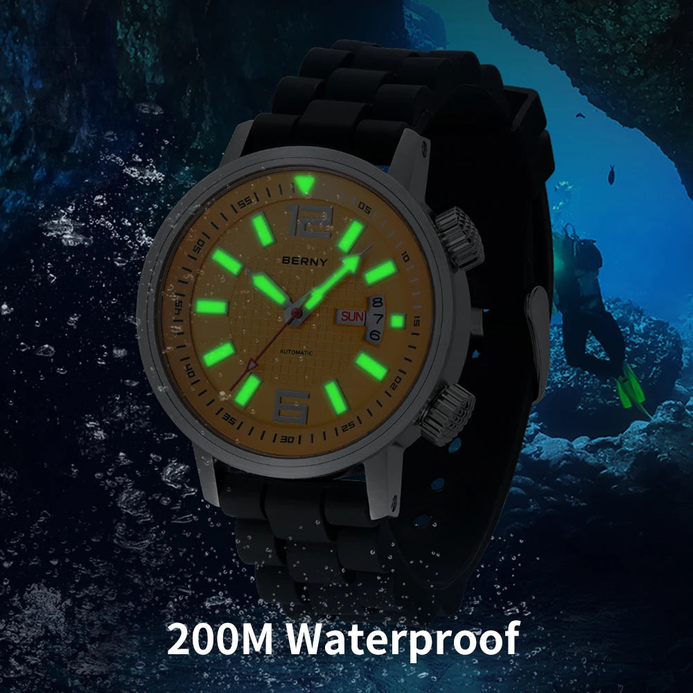 BERNY Men's Automatic Diver Watch – 20ATM Waterproof, Miyota 8205, Sapphire