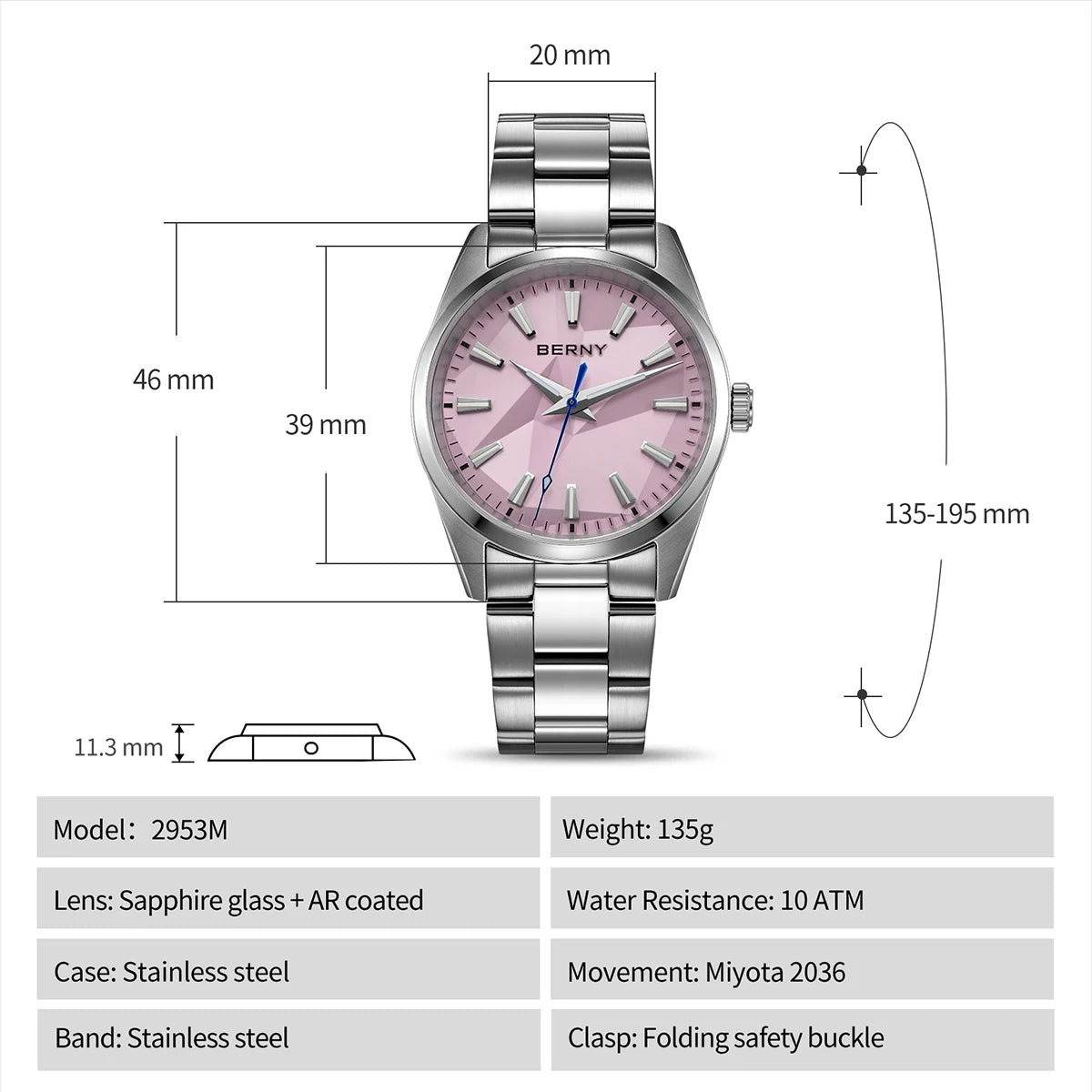BERNY Women's Quartz Watch 39mm – Sapphire AR Coated 100M Waterproof Stainless Steel