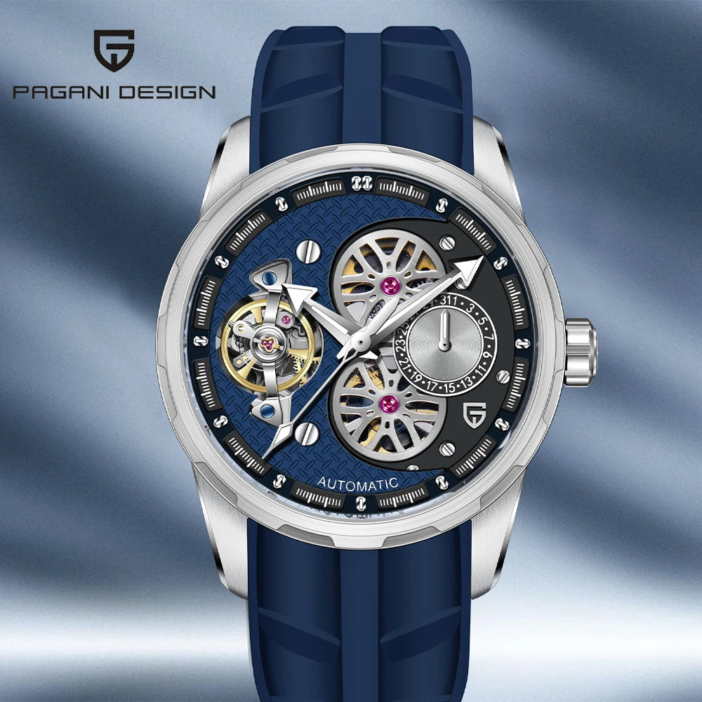 PAGANI DESIGN Men’s Automatic Skeleton Watch – Sapphire Crystal, 100m Water Resistant, Tourbillon Style