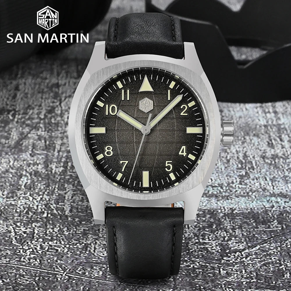 San Martin SN0026 38mm Automatic Men’s Sport Watch – Luxury Mechanical Wristwatch with Grid Texture Dial & 10Bar Water Resistance