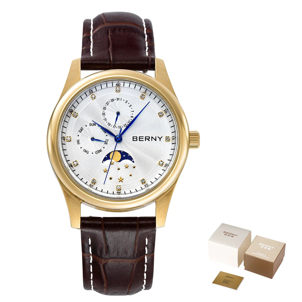 BERNY Men's Moon Phase Quartz Watch – Stainless Steel & Leather Dress Watch with Date & Week Display