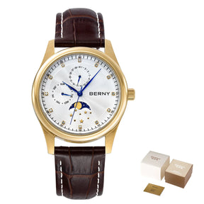 BERNY Men's Moon Phase Quartz Watch – Stainless Steel & Leather Dress Watch with Date & Week Display