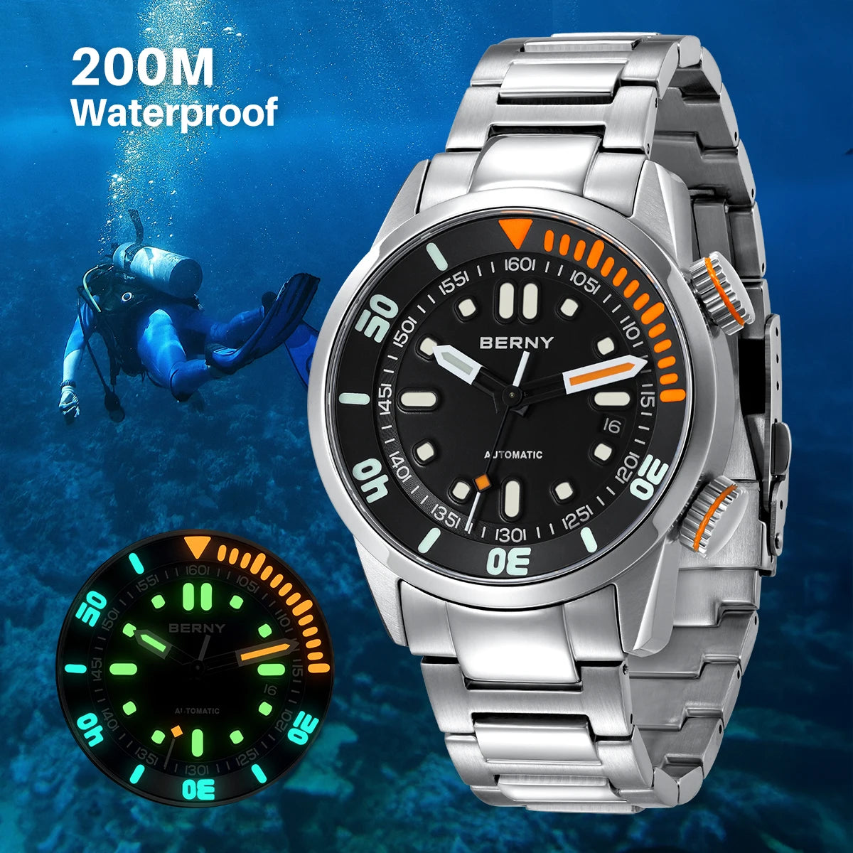 BERNY Automatic Dive Watch – 20ATM Waterproof Mechanical Watch with Sapphire Crystal & Super Luminous Dial