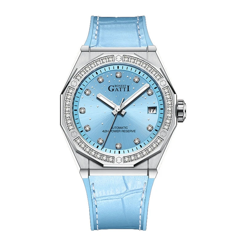 BONEST GATTI Women’s Automatic Watch – Luxury Mechanical, Sapphire Crystal, Leather Strap, Crystal Bezel