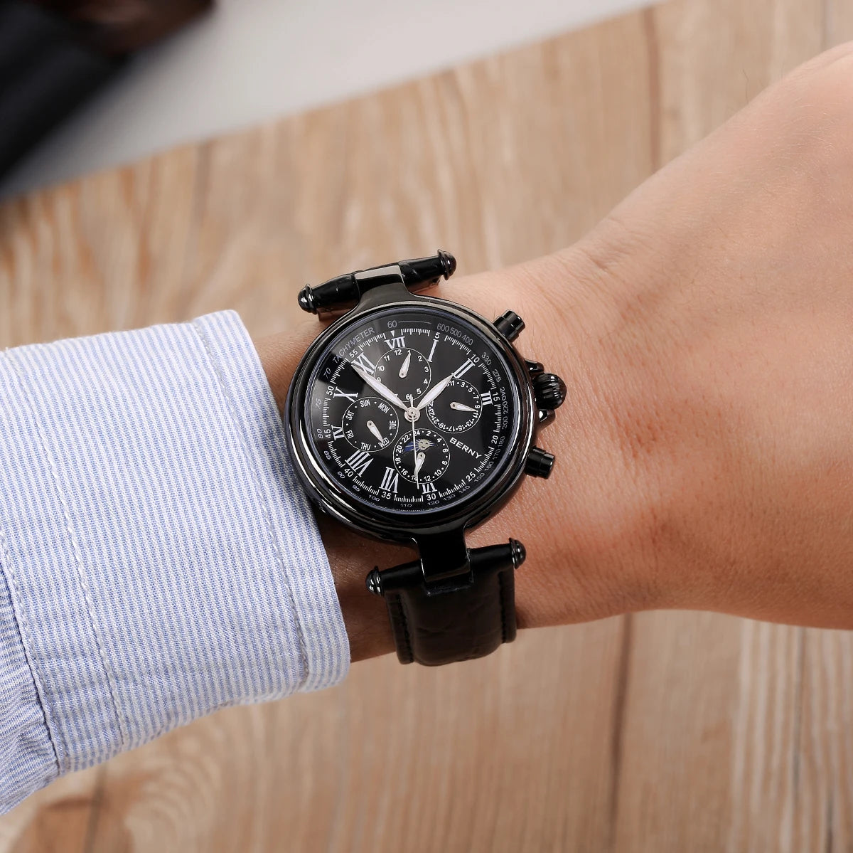 BERNY Men’s Automatic Dress Watch – Sun & Moon Phase, Leather Strap