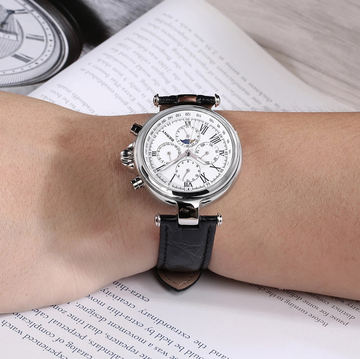 BERNY Men’s Automatic Dress Watch – Sun & Moon Phase, Leather Strap