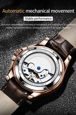 OUPINKE 3189 Men's Automatic Watch – Moon Phase Leather Strap Waterproof
