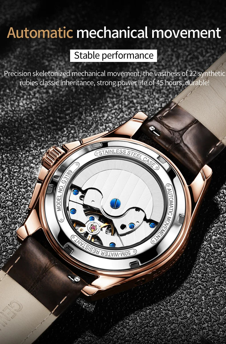 OUPINKE 3189 Men's Automatic Watch – Moon Phase Leather Strap Waterproof