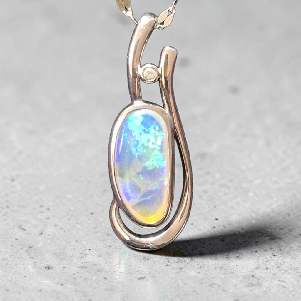 1.20ct Coober Pedy Crystal Solid Opal and Lab-Grown Diamond Sterling Silver Pendant Necklace