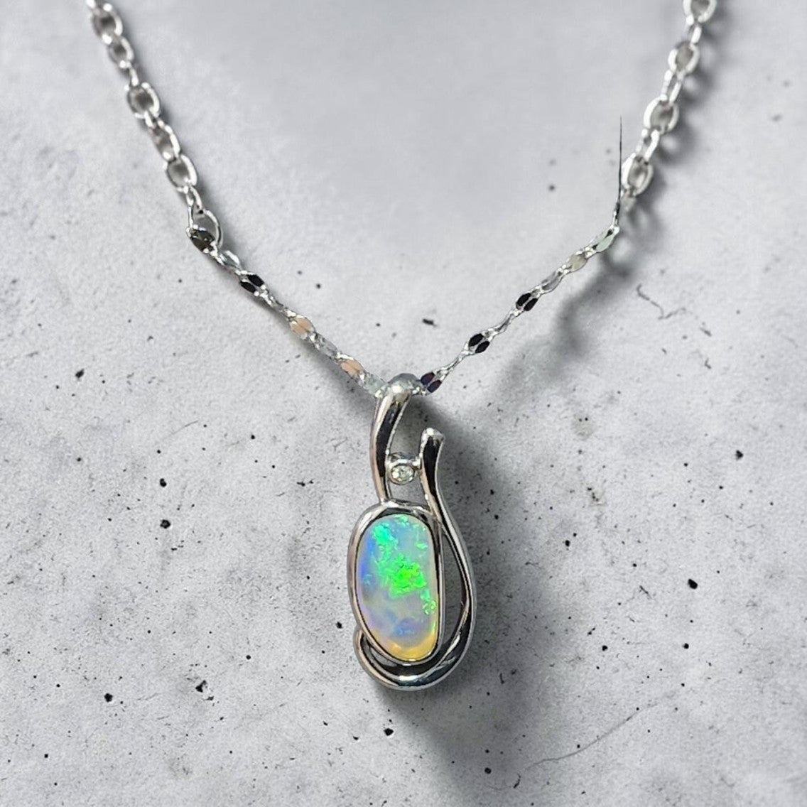 1.20ct Coober Pedy Crystal Solid Opal and Lab-Grown Diamond Sterling Silver Pendant Necklace