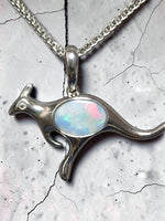 Time & Lustre sterling silver kangaroo pendant featuring a genuine opal with vibrant pink and blue play-of-colour.