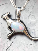 Time & Lustre kangaroo pendant in sterling silver with an oval opal gemstone featuring vibrant colour flashes.