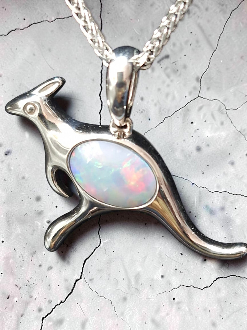 Time & Lustre kangaroo pendant in sterling silver with an oval opal gemstone featuring vibrant colour flashes.