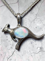 Time & Lustre sterling silver kangaroo pendant featuring a genuine opal with vibrant pink, blue, and green flashes.