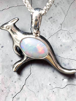 Time & Lustre kangaroo pendant necklace in sterling silver featuring a genuine opal with vibrant colour flashes.