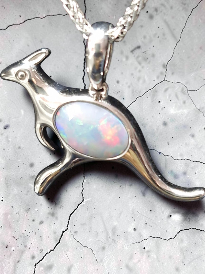 Time & Lustre kangaroo pendant necklace in sterling silver featuring a genuine opal with vibrant colour flashes.