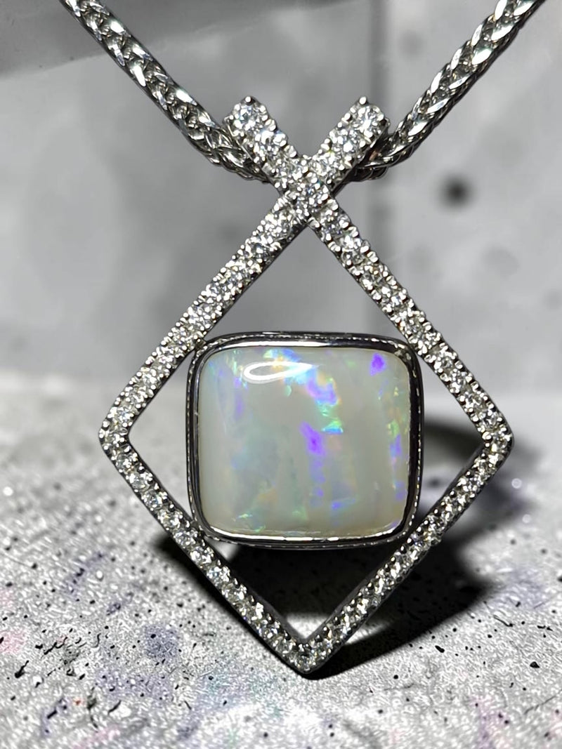 Time & Lustre 3ct Lightning Ridge opal pendant in a geometric sterling silver frame with lab grown diamonds on a chain