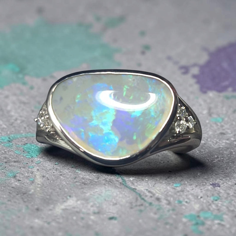 Time & Lustre 2.50ct Lightning Ridge crystal opal ring in sterling silver with lab grown diamond accents.