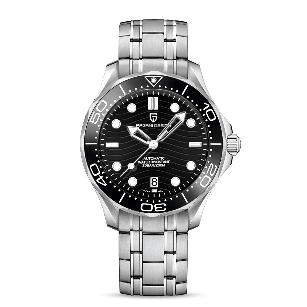 Time & Lustre PAGANI DESIGN 1685 automatic diving watch with a black wave-pattern dial and stainless steel bracelet.