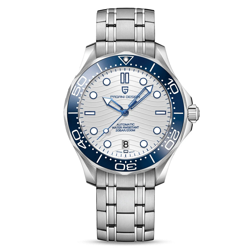 Time & Lustre PAGANI DESIGN 1685 automatic dive watch with a silver stainless steel band and blue ceramic bezel.