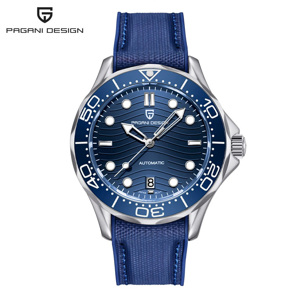 Time & Lustre PAGANI DESIGN 1685 automatic diving watch with a blue wave-pattern dial and blue rubber strap