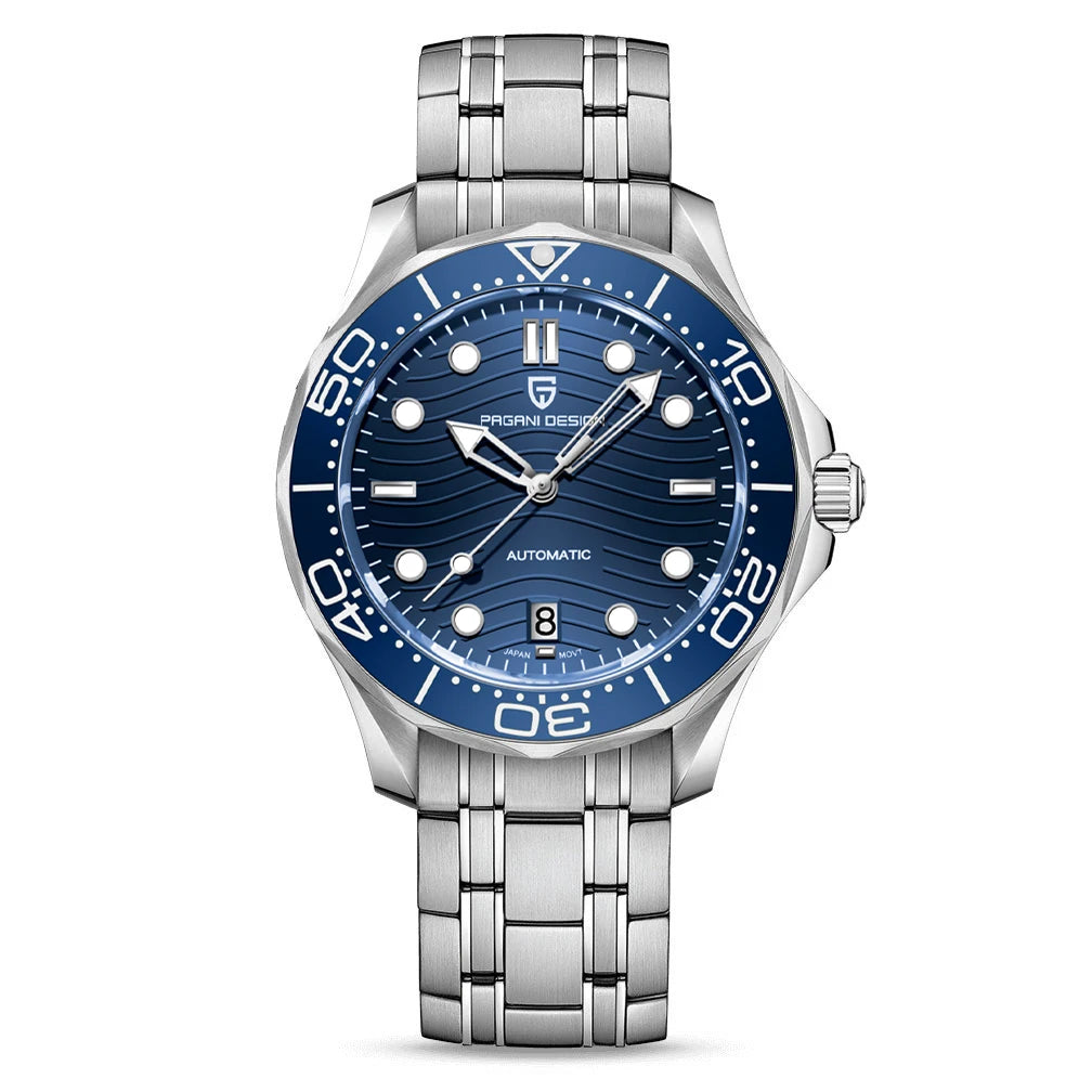 Time & Lustre Pagani Design 1685 automatic diving watch with a blue wave-pattern dial and stainless steel bracelet.
