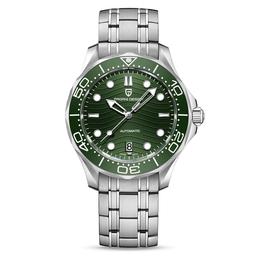 Time & Lustre Pagani Design 1685 automatic diving watch with a green wave-pattern dial and stainless steel bracelet.