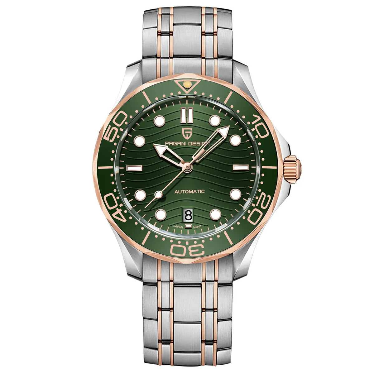 Time & Lustre Pagani Design 1685 automatic dive watch with a green dial, gold accents, and stainless steel bracelet.